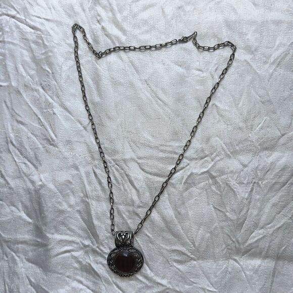 Victorian-Inspired Silver Tone Necklace with Brown Iridescent Stone Pendant - Picture 3 of 4